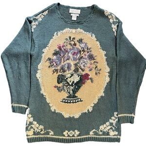 Casual Corner Vintage Limited Edition Hand Knit Floral Vase Sweater